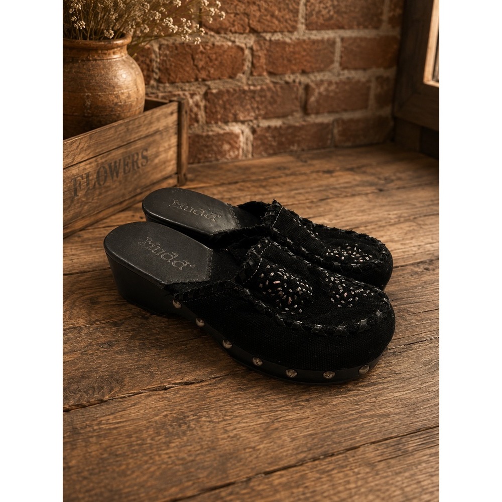 Mudd Black Canvas Studded Platform Wedge Clog Mules 8M Y2K Boho Whimsigoth